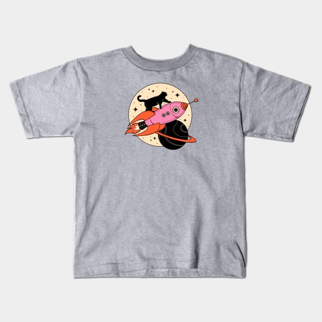 Space Walker Black Cat in orange Kids T-Shirt by The Charcoal Cat Co.